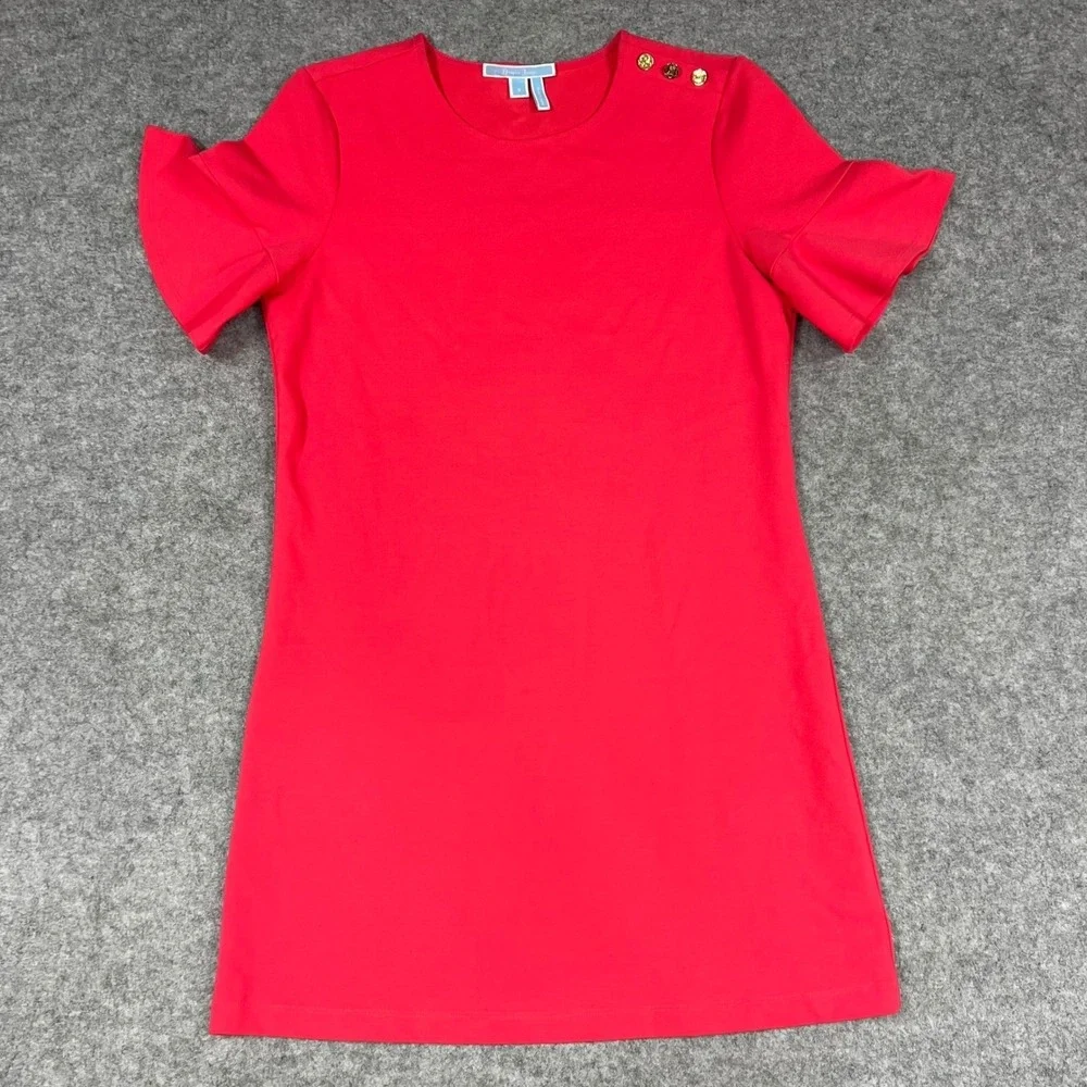 Draper James‎ Bright Pinkish Red Short Sleeve Shift Dress Gold Button Detail SM